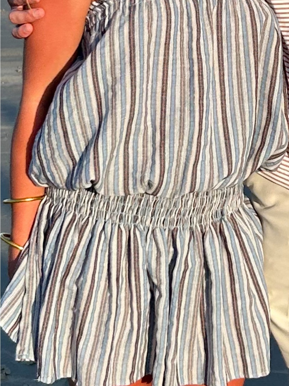 Blue Life Strapless Dress in Blue, White & Brown Stripes